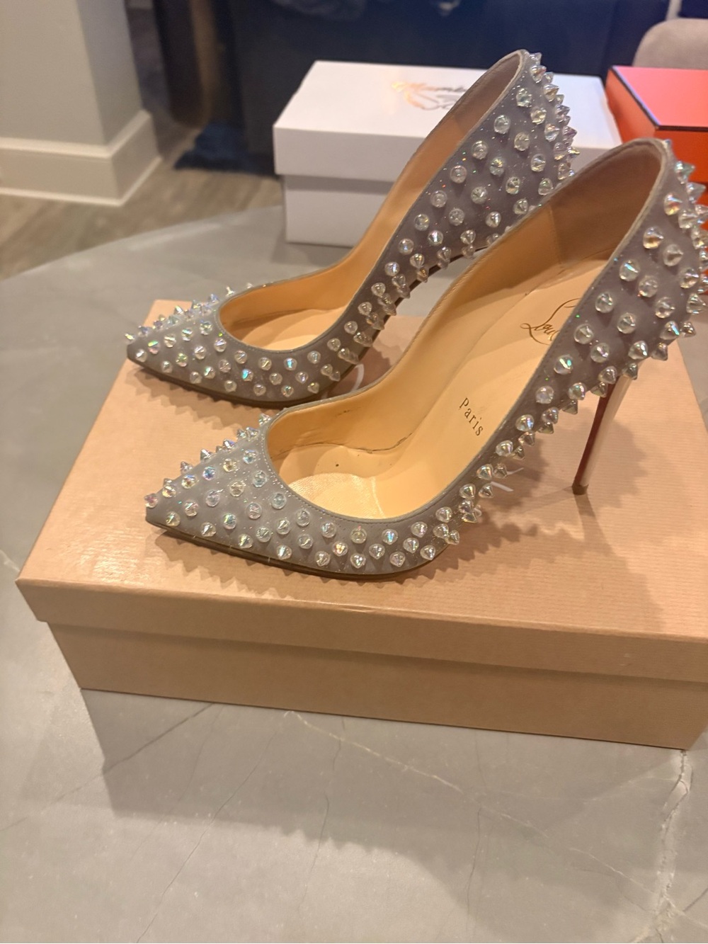 Christian Louboutin (Rare) Crystal-Stud Pointed Toe High Heels in Light Gray - Picture 2 of 3